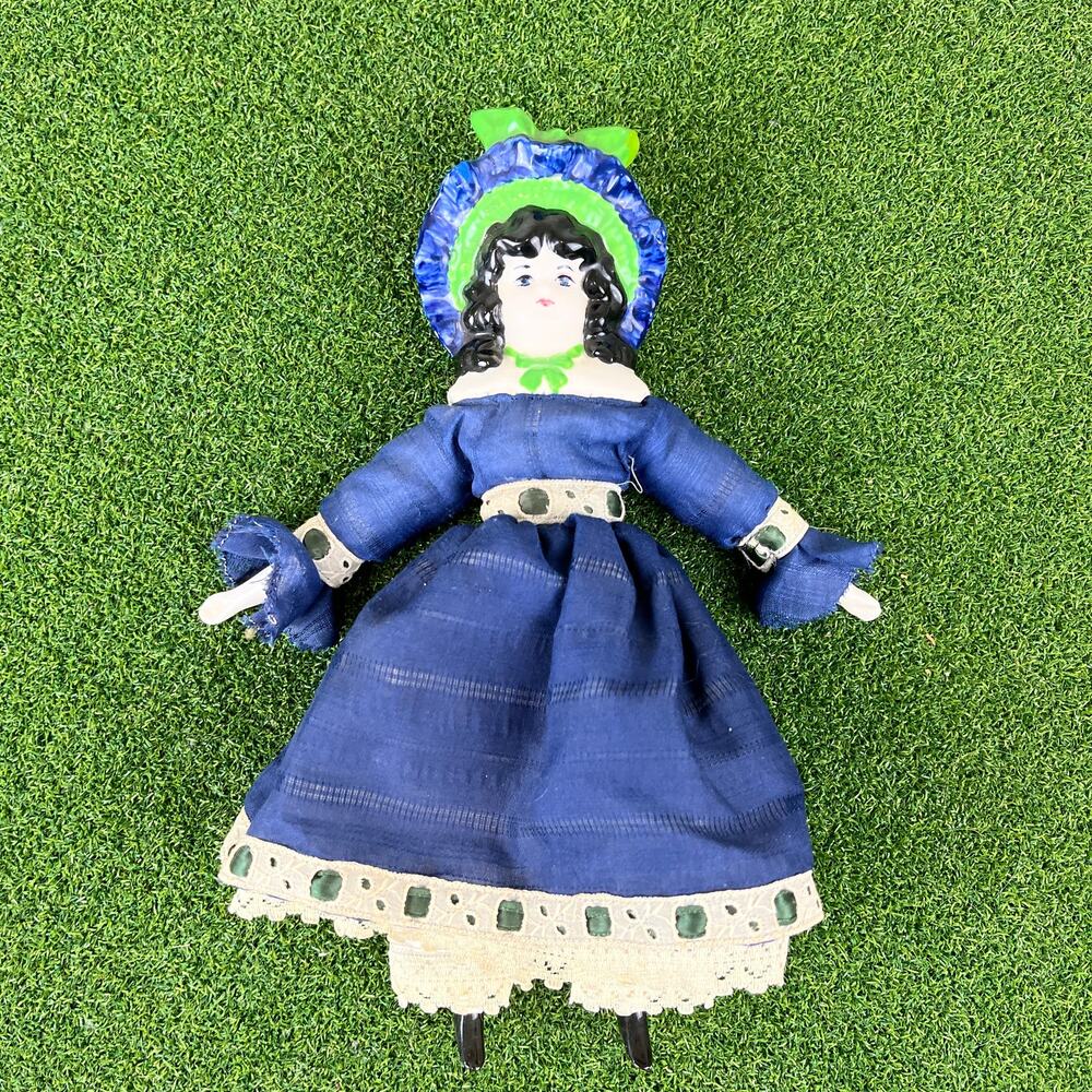 Vintage Porcelain China Head Doll Black Hair Blue Eyes Cloth Body 12"